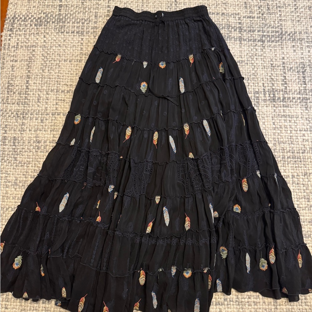 Johnny Was Black Maxi Skirt with Colorful Embroidery